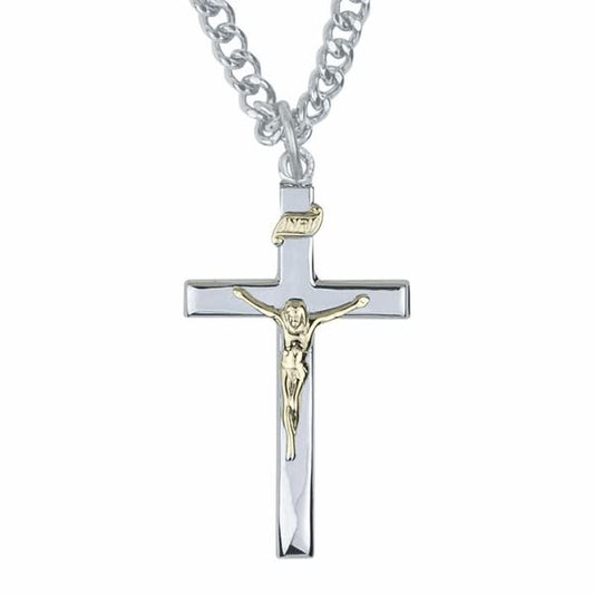 True Faith Jewelry Sterling Silver Cross Necklace For Men, Women Or Gifts, Two Tone Cross Pendant With Christ, Religious Necklaces, Stainless Steel Chain, 24 Inch