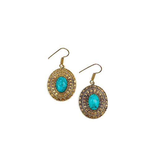 Anju Tanvi Earrings with Semiprecious Turquoise Stone for Women, Gold-Plated