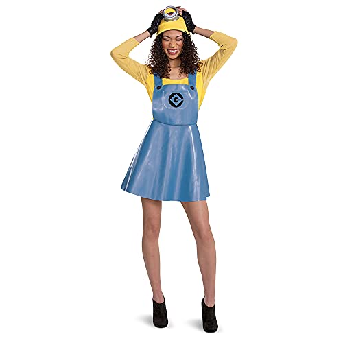 Disguise Costume for Women, Official Minions Stuart Outfit with Skirt Goggles and Hat, Multicolored, L (12-14)