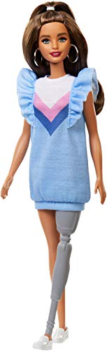 Mattel Barbie Fashionistas Doll with Long Brunette Hair and Prosthetic Leg Wearing Sweater Dress and Accessories, for 3 to 8 Year Olds