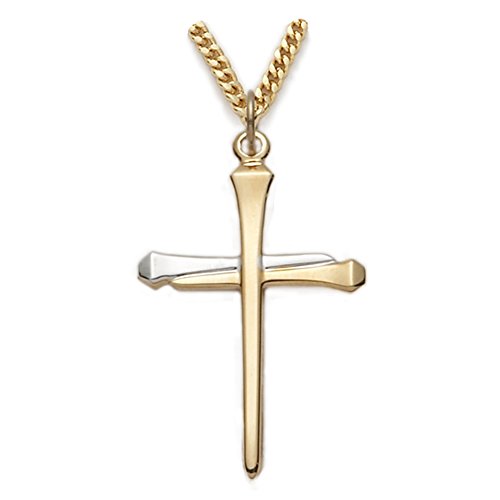 True Faith Jewelry 14KT Gold Plated Sterling Silver Cross Pendant Necklace with Two-Tone Nail Design Religious Jewelry, 1 1/4 Inch