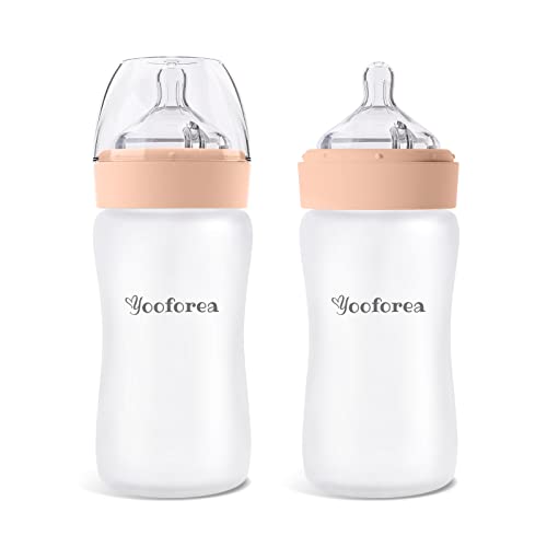 Yooforea Silicone Coated Glass Baby Bottle, 6M+ Fast Flow Nipple I Anti-Colic, Wide Neck, Stable Base I Medical-Grade Silicone Coating for Shatter Protection, BPA BPS PVC Free (2 Pack, 9 Ounce-Honey)