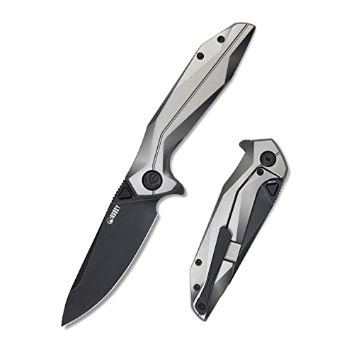 KUBEY Nova KB235 Pocket Knife, Every Day Carry Folding Knife Tool with 3.7-Inch Drop Point Blade and Titanium Handle with Frame Lock for Hiking Hunting and Survival (Gray - Dark Oxide)