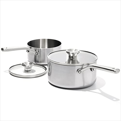 Cookware Company OXO Mira Tri-Ply Stainless Steel, 1.5QT and 3QT Saucepan Pot Set with Lids, Induction, Multi Clad, Dishwasher and Metal Utensil Safe