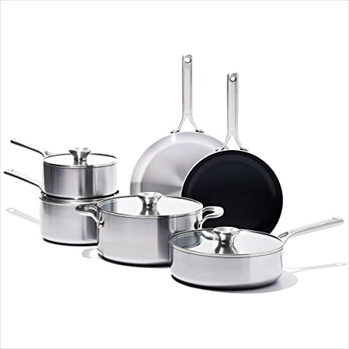 Cookware Company OXO Mira Tri-ply Stainless Steel, 10 Piece Cookware Pots and Pans Set including Ceramic Nonstick Frying Pan, Induction, Multi Clad, Dishwasher and Metal Utensil Safe