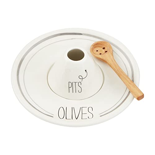 Mud Pie Olive Boat and Pit Port Set, 7" Dia 2" x 3" Dia | Spoon 5", White
