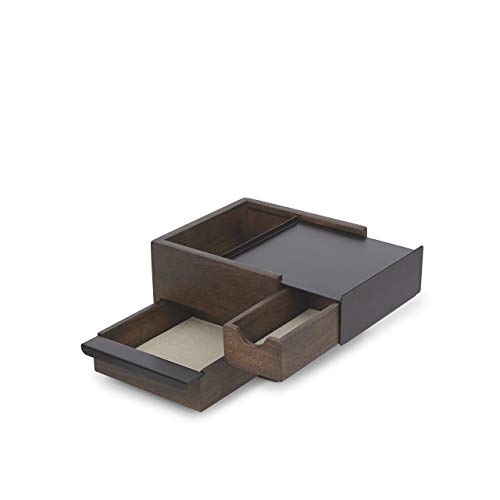 Umbra Mini Stowit Jewelry Box - Modern Keepsake Storage Organizer with Hidden Compartment Drawers for Ring, Bracelet, Watch, Necklace, Earrings, and Accessories (Black / Walnut)