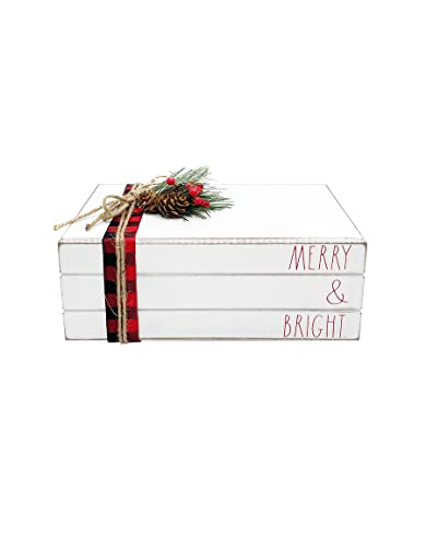 DesignStyles Rae Dunn Faux Decorative Books Xmas Bookend - White Distressed Wood Decoration for Vintage Holiday D‚àö¬©cor, Antique Farmhouse Style Christmas - Book Ends, Book Shelf Decor, Door Stopper Merry & Bright