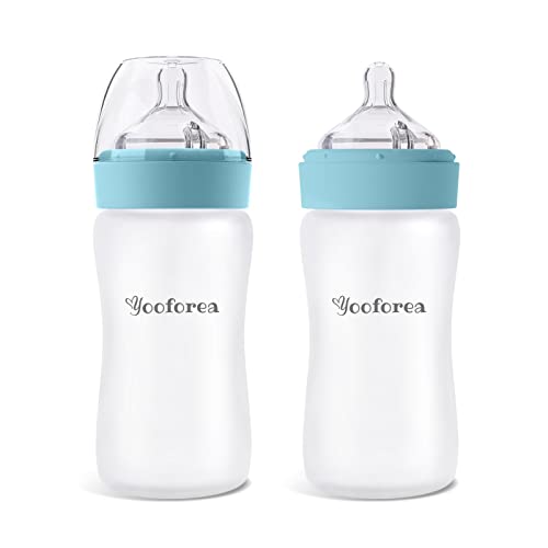 Yooforea Silicone Coated Glass Baby Bottle, 6M+ Fast Flow Nipple I Anti-Colic, Wide Neck, Stable Base I Medical-Grade Silicone Coating for Shatter Protection, BPA BPS PVC Free (2 Pack, 9 Ounce-Fog)