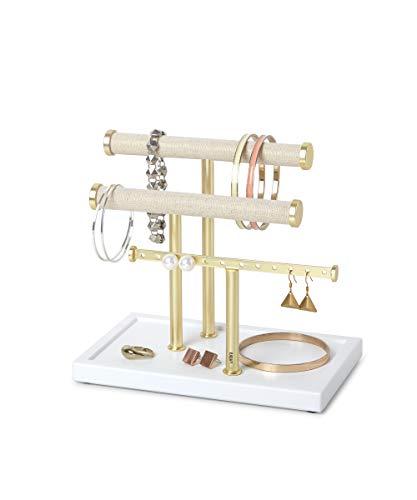 Umbra Trigem Hanging Jewelry Organizer Tiered Tabletop Countertop Free Standing Necklace Holder Display, 3, White/Brass