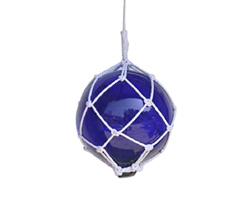 Hampton Iron 12 Blue Glass - New Blue Japanese Glass Ball Fishing Float with White Netting Decoration, 12 -inch Diameter