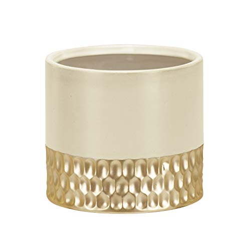 Napco 21754 Ceramic Textured Planter/Cache Pot, White and Gold