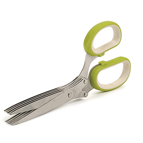 RSVP International (SNIP) Stainless Steel 5 Blade Herb Scissors, Green/White | Cut, Chop, Mince & Snip Herbs | Easy & Safe to Store | Use with Basil, Thyme, Parsley & More | Dishwasher Safe