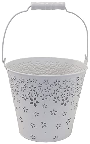 Boston International Spring & Easter Decor Metal Floral Accent Bucket/Pail with Handle, Medium, White
