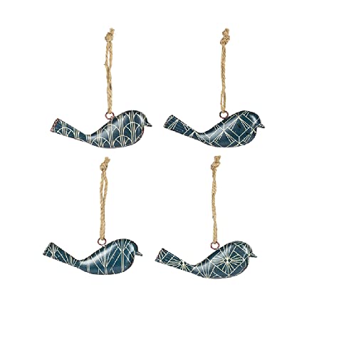 Ganz Art Deco Bird on Hanger, Metal, Jute, Pack of 4, 4.63 Inches Width, 0.63 Inches Depth, 1.88 Inches Height, Blue