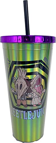 Spoontiques - Acrylic Foil Cup with Straw - 20 - Metallic Locking Lid with Straw - Double Wall Insulated - BPA Free - Beetlejuice Adam & Barbara Foil Tumbler