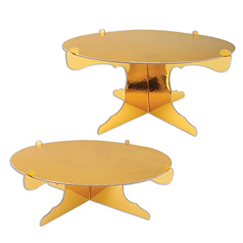 Beistle Metallic Cardstock Cake Stands 2 Piece Birthday Party Supplies Wedding Anniversary Celebration Dessert Platters, 4" & 6" x 12.5", Gold