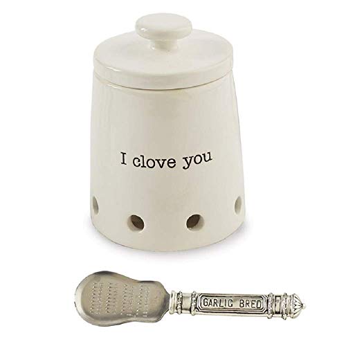 Mud Pie Ceramic Garlic Keeper Set, Keeper 4" x 3.5" Diameter, Spoon 4.5", Ceramic