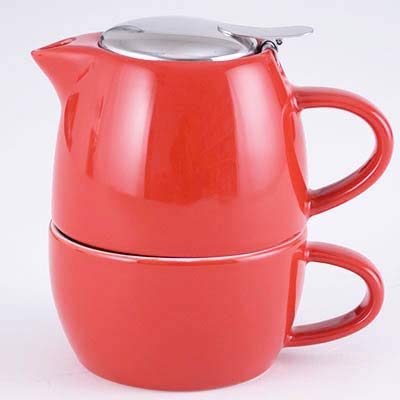 FMC Fuji Merchandise Corp Ceramic Glazed 20 Fl Oz Tea For One Tea Pot Stainless Steel Stainer and Cup Set (Red)