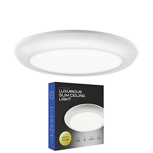 Next Glow Flush Mount LED Ceiling Light 6.5 inches 16W 1100 Lumen Dimmable Surface LED Light Fixture for Closet Kitchen Bedroom Ceiling Lights Round White Finish, 3000K Warm White, Easy Installation