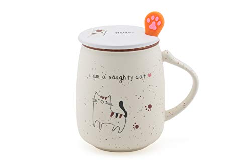 FMC Fuji Merchandise Novelty Naughty Kitten Cat Ceramic Coffee Tea Mug with Lid Spoon 16 fl oz Mug