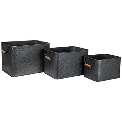 Foreside Home & Garden Black Set of 3 Galvanized Decorative Storage Nesting Bins with Wood Handles