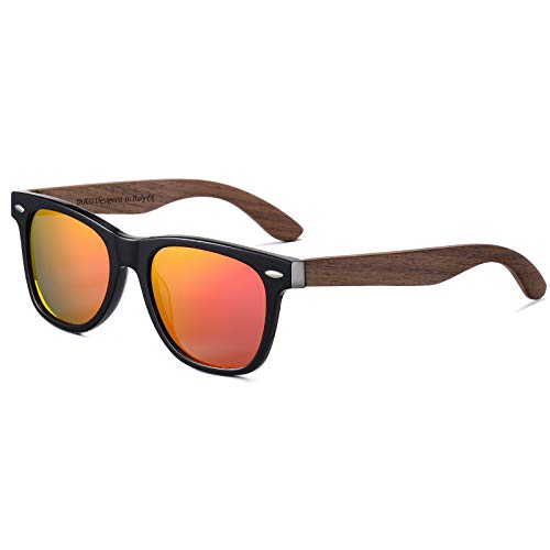 DUCO Polarized Driving Handmade Walnut Wooden 100% UV 400 Protection Sunglasses for Men 2141 41 (Black Frame Revo Red Lens)