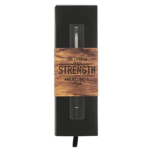 Christian Art Gifts Scripture Clip Ballpoint Gift Pen in Box for Men & Women: My Strength - Psalm 28:7 Laser-engraved Inspirational Bible Verse for Writing, Journaling, Notetaking, Black/Silver/White