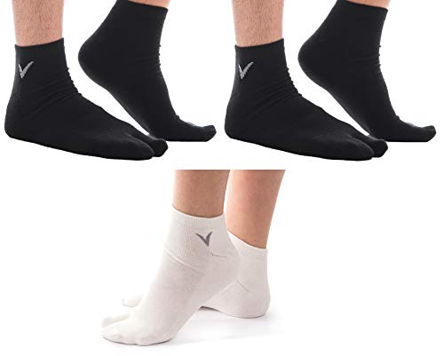 V-Toe Socks 3 Pairs Combo - Athletic Flip Flop Socks V-Toe Tabi Sports Or Casual - 2 Black, 1 White Ankle