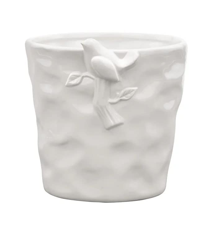 Napco Applique Bird On Branch White 6.25 x 6 Ceramic Cache Pot