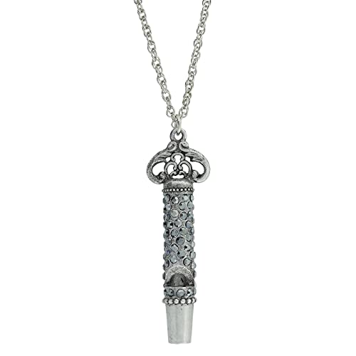 1928 Jewelry Women's Antiqued Matte Silver Functional European Hematite Black Pave Crystal Pendant Whistle Necklace 30"