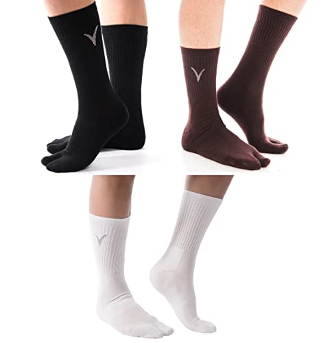 V-Toe Socks 3 Pairs Tabi Split Toe Big Toe V-Toe Flip Flop Socks Shoe Size: Women 9 - 12 Men 8 - 11 Black, White, Brown Cotton Blend