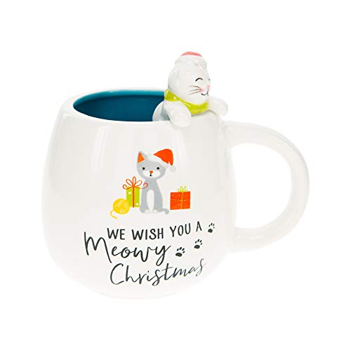 Pavilion Gift Company We Wish You A Meowy Christmas 15.5 Oz Unique Shaped Large Coffee Cup Mug For The Holidays Or Winter, White