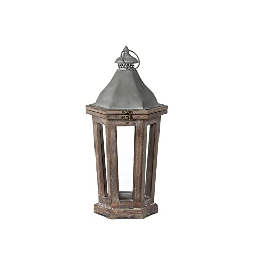 Park Hill Collection Wood and Galvanized Metal Lantern in Stained Wood ELW16001