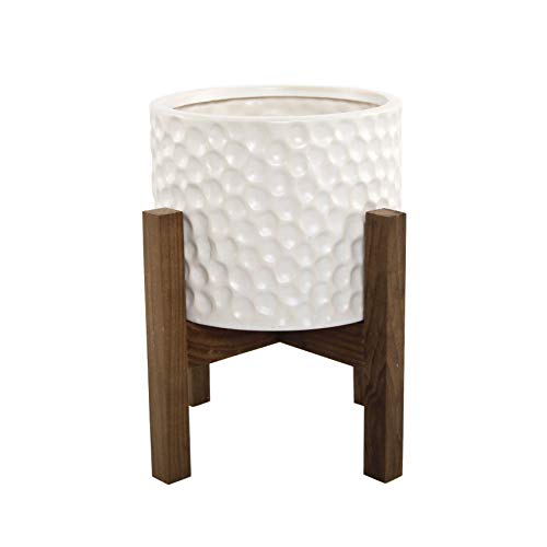 Flora Bunda 7.75" Tall 5.5 Inch Opening Beehive Ceramic Planter Pot on Wood Stand Mid Century, Ivory Cream Color Perfect for houseplants, Succulents, Cactus for Home Office Decorations