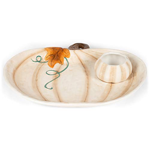 Transpac Pumpkin Shaped Glossy White 14 x 11 Dolomite Ceramic Harvest Chip and Dip Set