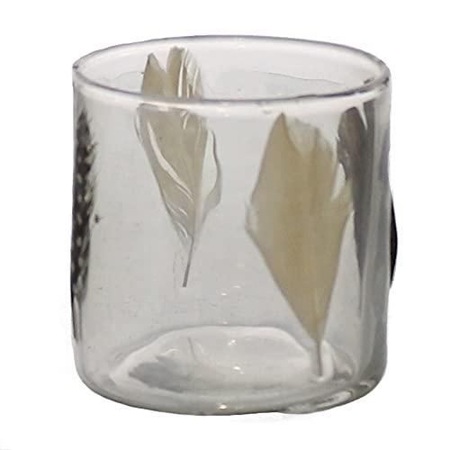 HomArt Small Enameled Feather Hurricane Candleholder, 3-inch Height, Feather and Glass