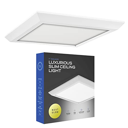 Next Glow Flush Mount LED Ceiling Light 7 inches 16W 1100 Lumen Dimmable Surface LED Light Fixture for Closet Kitchen Bedroom Ceiling Lights Square White 4000K Natural White, Easy Installation