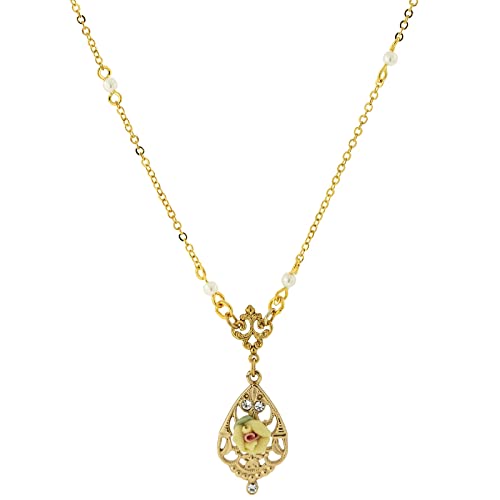 1928 Jewelry 14K Gold Dipped Porcelain Rose with Crystal Accent Necklace 17 in