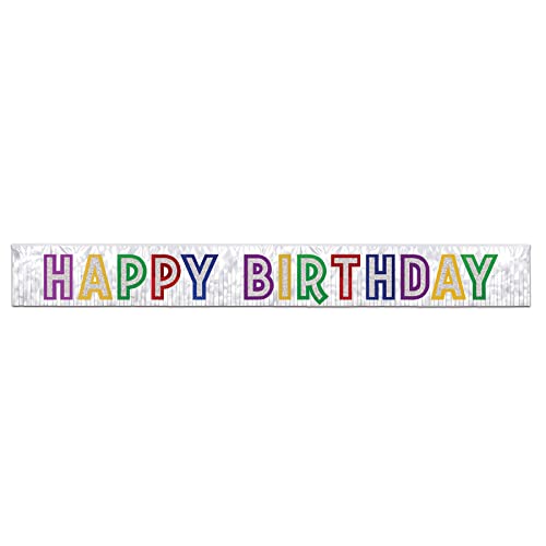 Beistle Metallic Happy Birthday Banner (white w/silver gltrd asstd color ltrs) Party Accessory  (1 count) (1/Pkg)