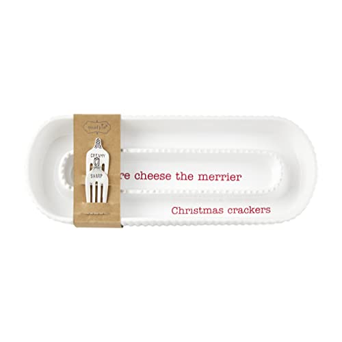 Mud Pie Ceramic Holiday Cheese and Crackers Server and Cheese Markers Set,  15"x5.5" 3"x1.White