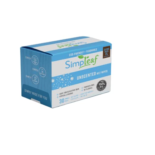 Simpleaf Brands Unscented Flushable Single Pack Wet Wipes | Eco- Friendly, Paraben & Alcohol Free | Hypoallergenic & Safe for Sensitive Skin | Travel Size | 30 Count