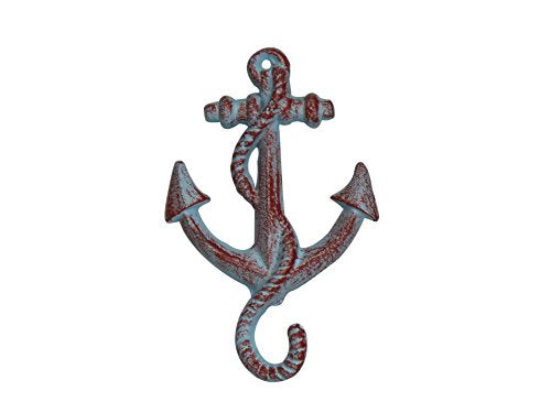 Hampton Iron Rustic Red Whitewashed Cast Iron Anchor Hook 5" - Rustic Wall Art - Nautical Ho