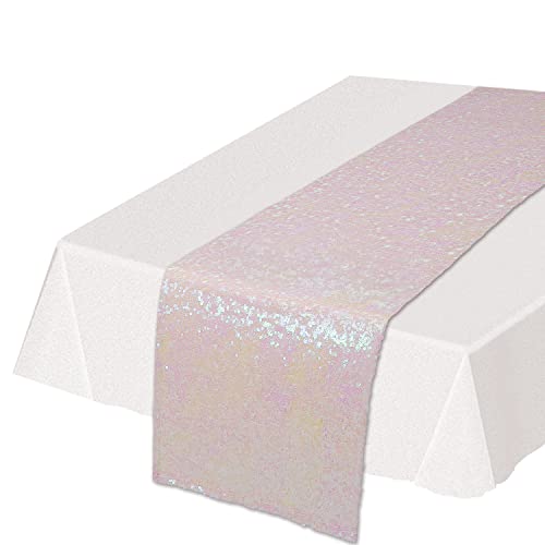 Beistle Rectangluar Shiny Sequined Table Runner For Party Event Birthday Wedding Baby Shower Holiday Celebration Decorations, 11.25" x 75", Opalescent