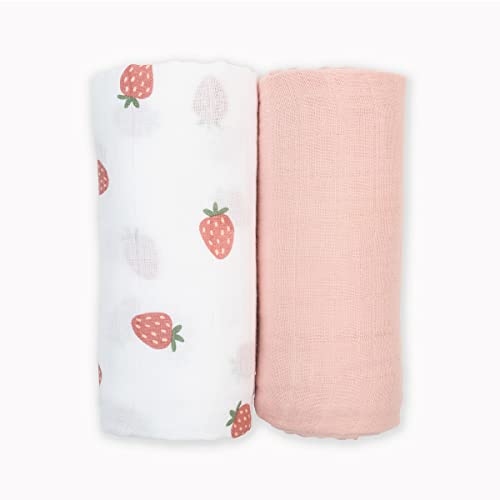 Mary Meyer lulujo Baby Swaddle Blanket| Unisex Softest Bamboo Cotton Muslin Swaddle Blanket| Boho Baby | 47in x 47in | Set of 2| Strawberries