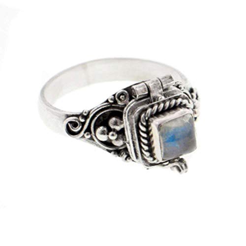 Silver Insanity Square Sterling Silver Rainbow Moonstone Poison Box Locket Ring Size 9(Sizes 4,5,6,7,8,9,10,11)