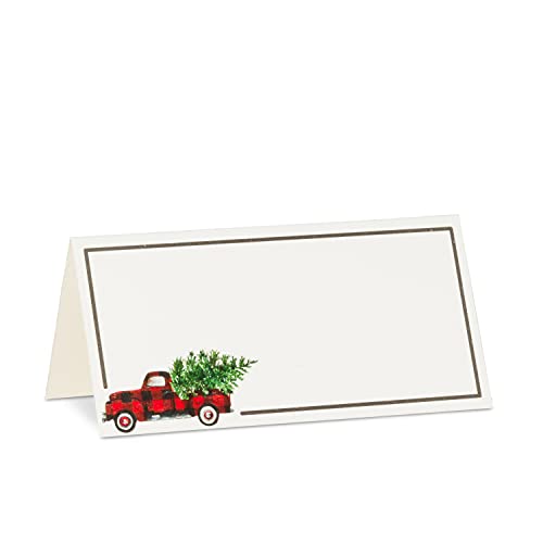 Abbott Collection  27 Buffalo Plaid Truck Folded Placecards. 12 Pieces, White/Red