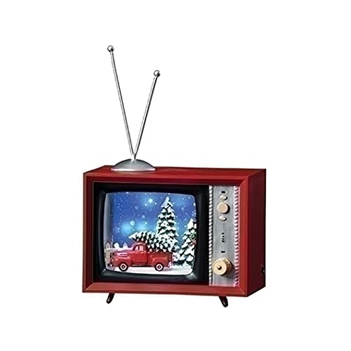 Roman 134115 Musical LED TV Barn with Ford Truck and Snowfall Figurine, 5.25-inch Height