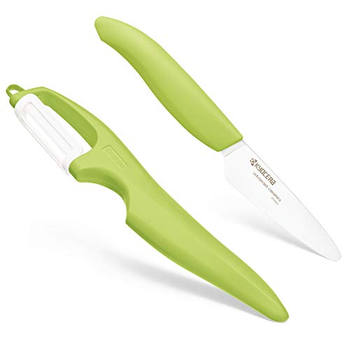 Kyocera Advanced Ceramic 3-inch Paring Knife with Vertical Double Edge Peeler, Green