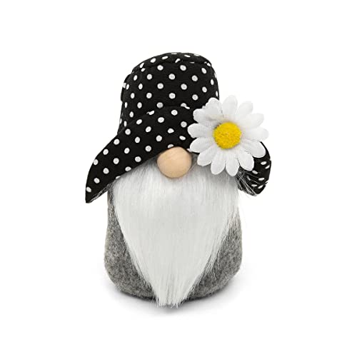 MeraVic Maisy Daisy Gnome Black/White Pindot Hat with Daisy, Wood Nose and White Beard, 5 Inches, Spring
